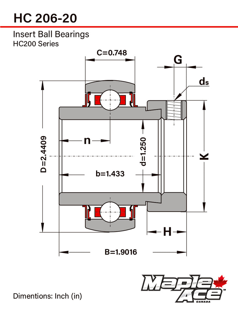 HC206-20, NA206-20 Insert Bearing 1-1/4in Bore, Spherical OD, Eccentric Lock Collar, Lube Hole