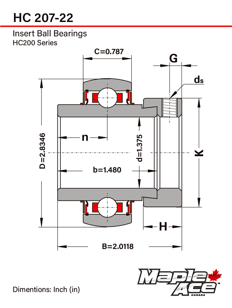 HC207-22, NA207-22 Insert Bearing 1-3/8in Bore, Spherical OD, Eccentric Lock Collar, Lube Hole