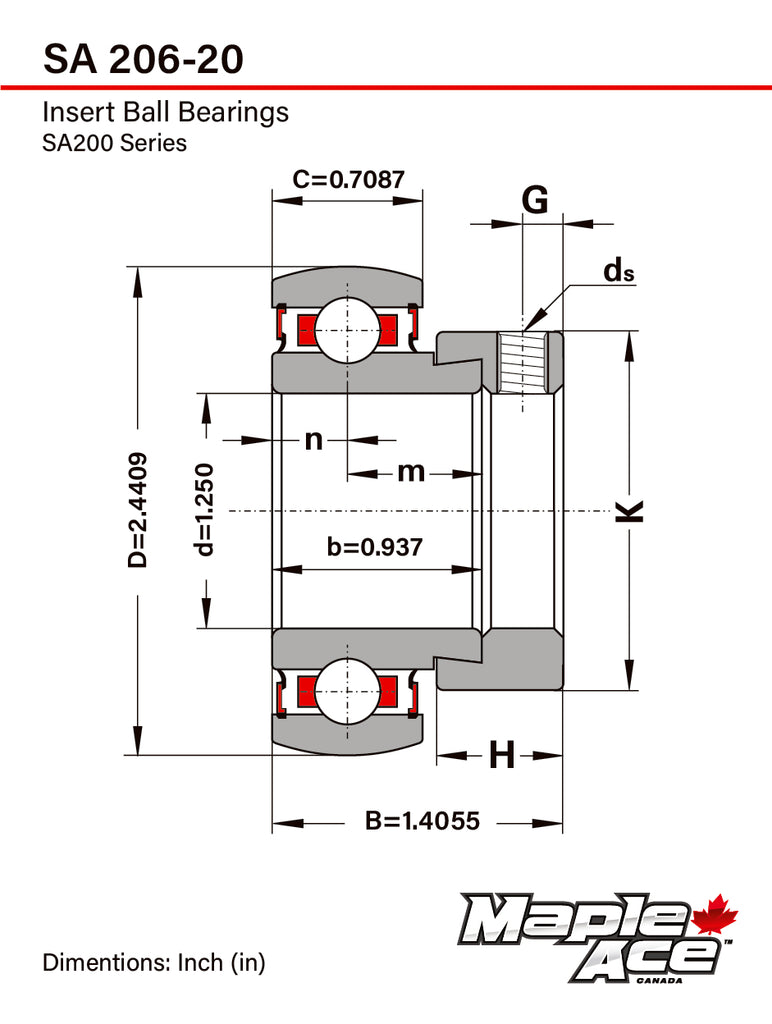 SA206-20 Insert Bearing 1-1/4in Bore, Spherical OD, Eccentric Lock Collar, Lube Hole