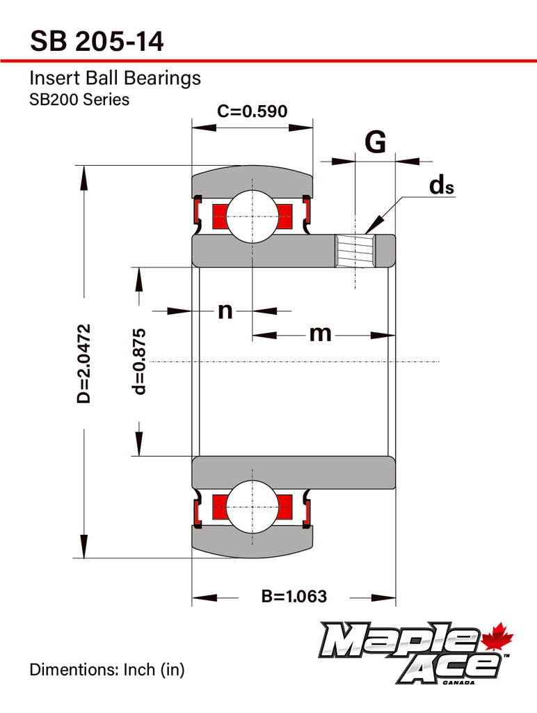 SB205-14 Insert Bearing 7/8in Bore, Spherical OD, Set Screws