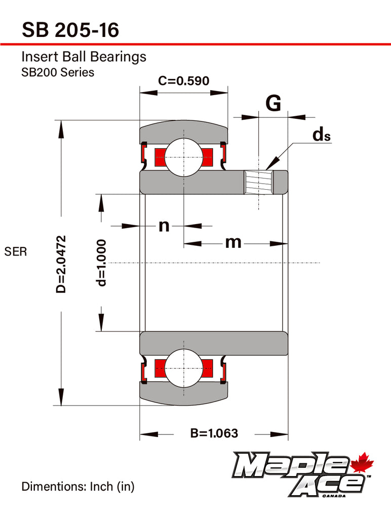 SB205-16 Insert Bearing 1in Bore, Spherical OD, Set Screws