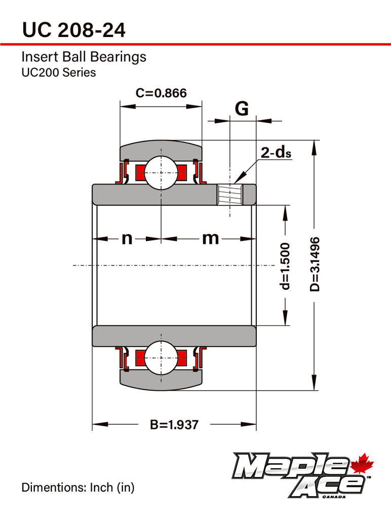 UC208-24 Insert Bearing 1-1/2in Bore, Spherical OD, Set Screws, Lube Hole