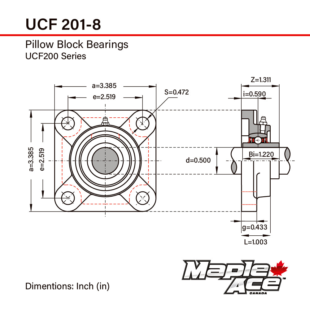 UCF201-8 Flange Bearing 1/2in Bore, 4-Bolt Self-Aligning, Solid Base