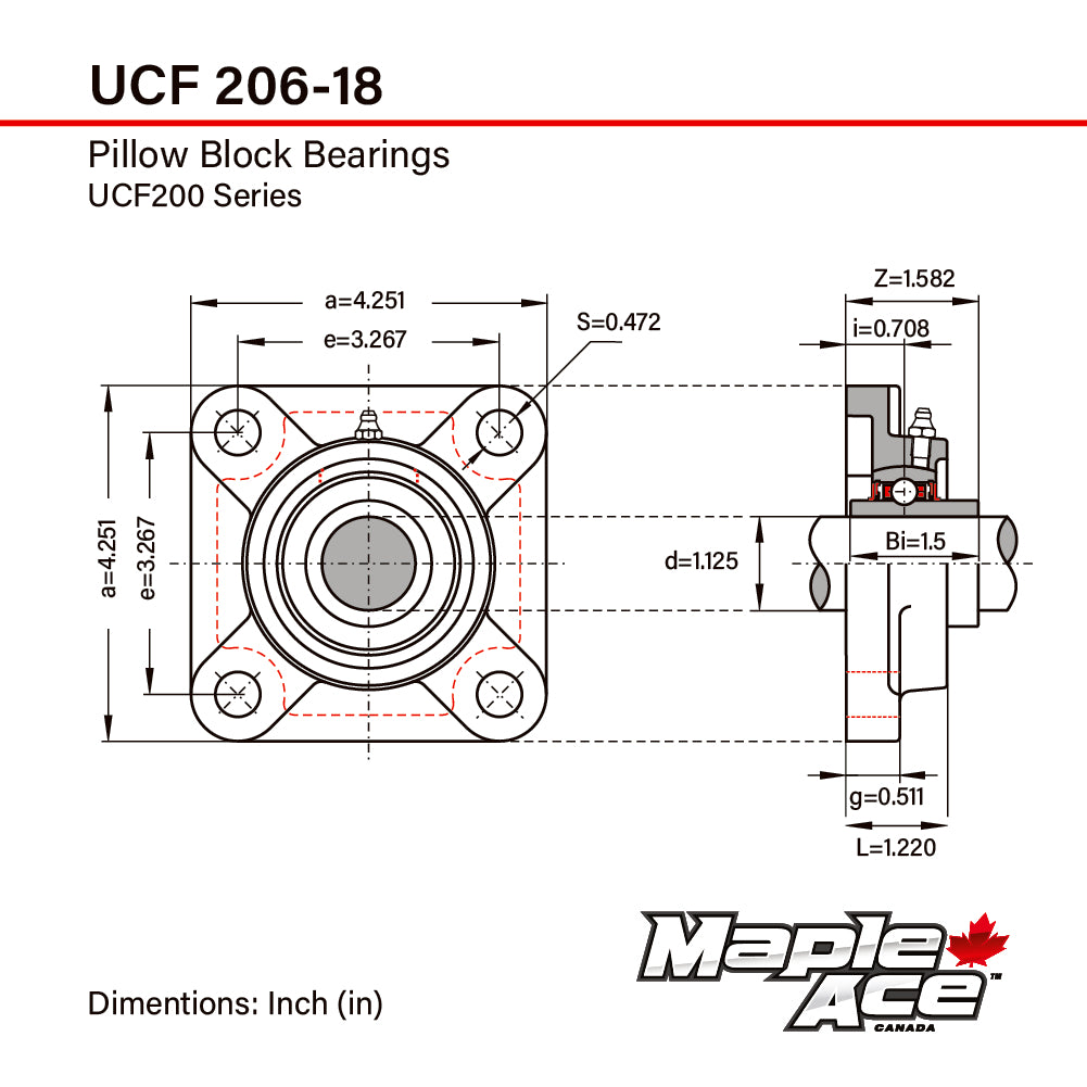 UCF206-18 Flange Bearing 1-1/8in Bore, 4-Bolt Self-Aligning, Solid Base