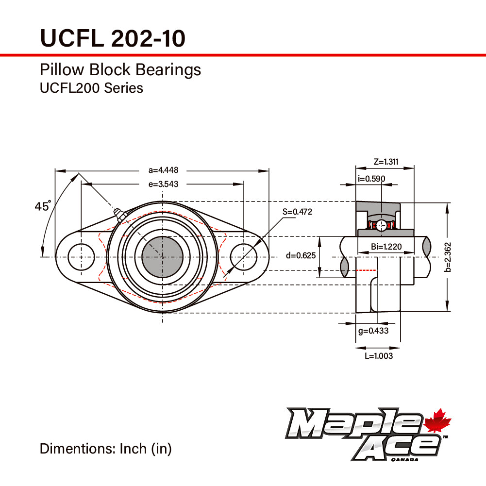 UCFL202-10 Flange Bearing 5/8in Bore, Oval 2-Bolt Self-Aligning, Solid Base, 3 Lips Seal