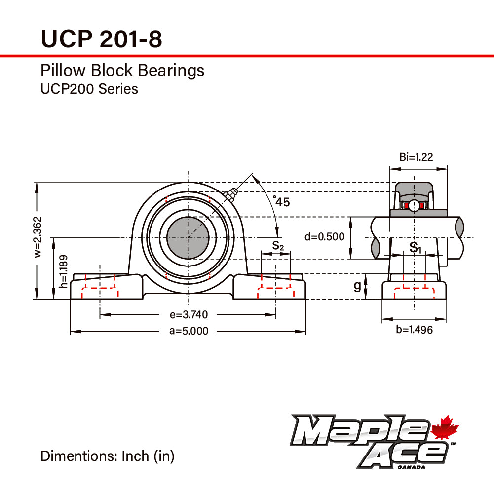 UCP201-8 Pillow Block Bearing 1/2in Bore, 2-Bolt, Self-Aligning, Solid Base
