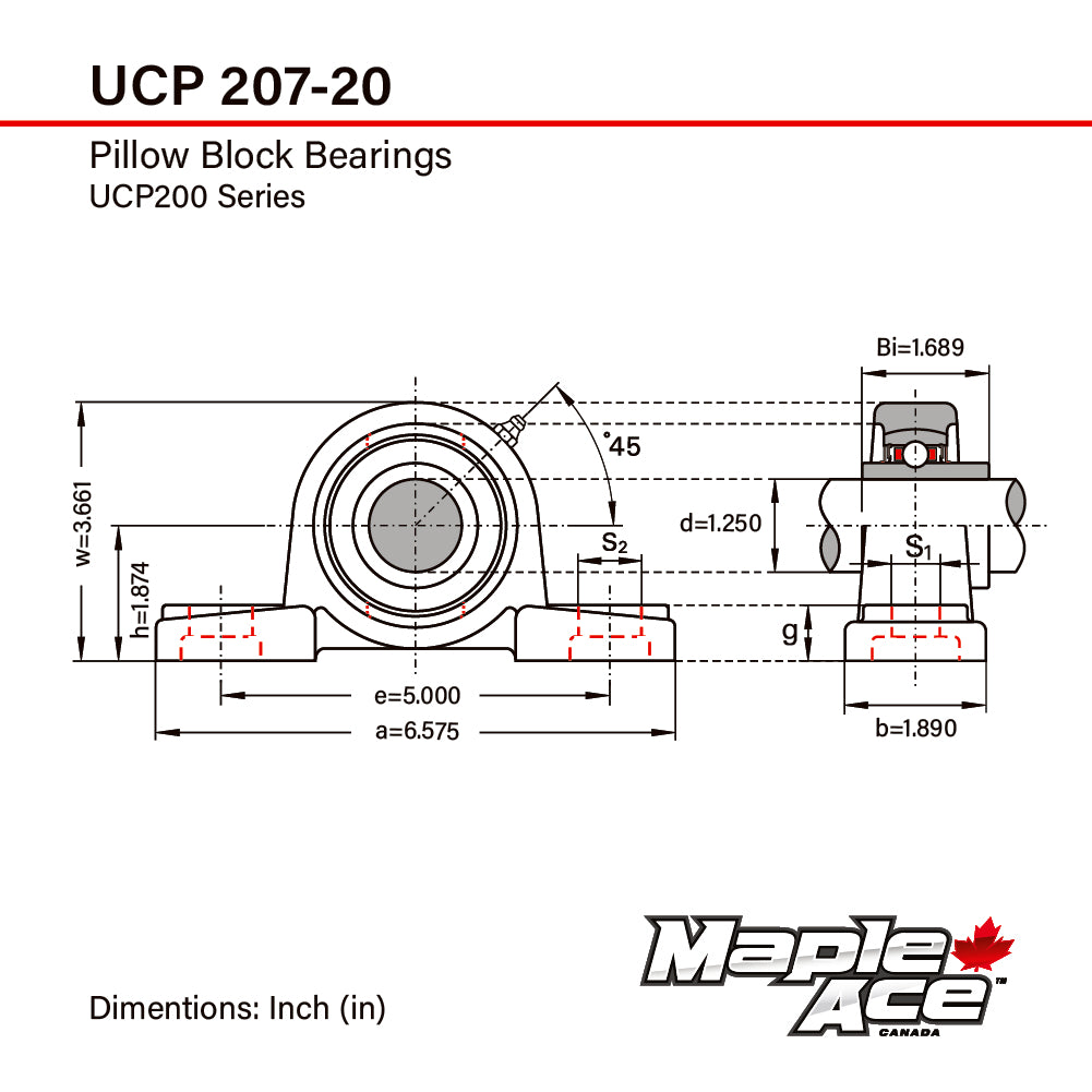 UCP207-20 Pillow Block Bearing 1-1/4in Bore, 2-Bolt, Self-Aligning, Solid Base