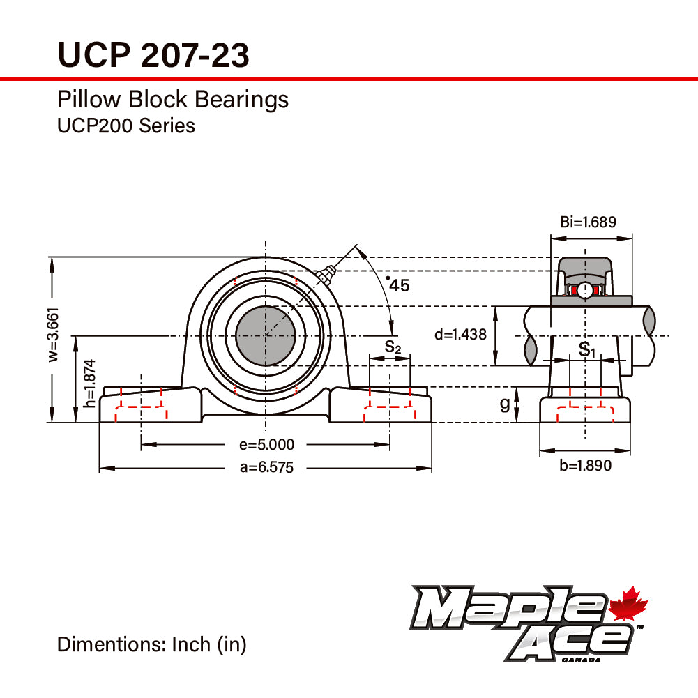 UCP207-22 Pillow Block Bearing 1-3/8in Bore, 2-Bolt, Self-Aligning, Solid Base