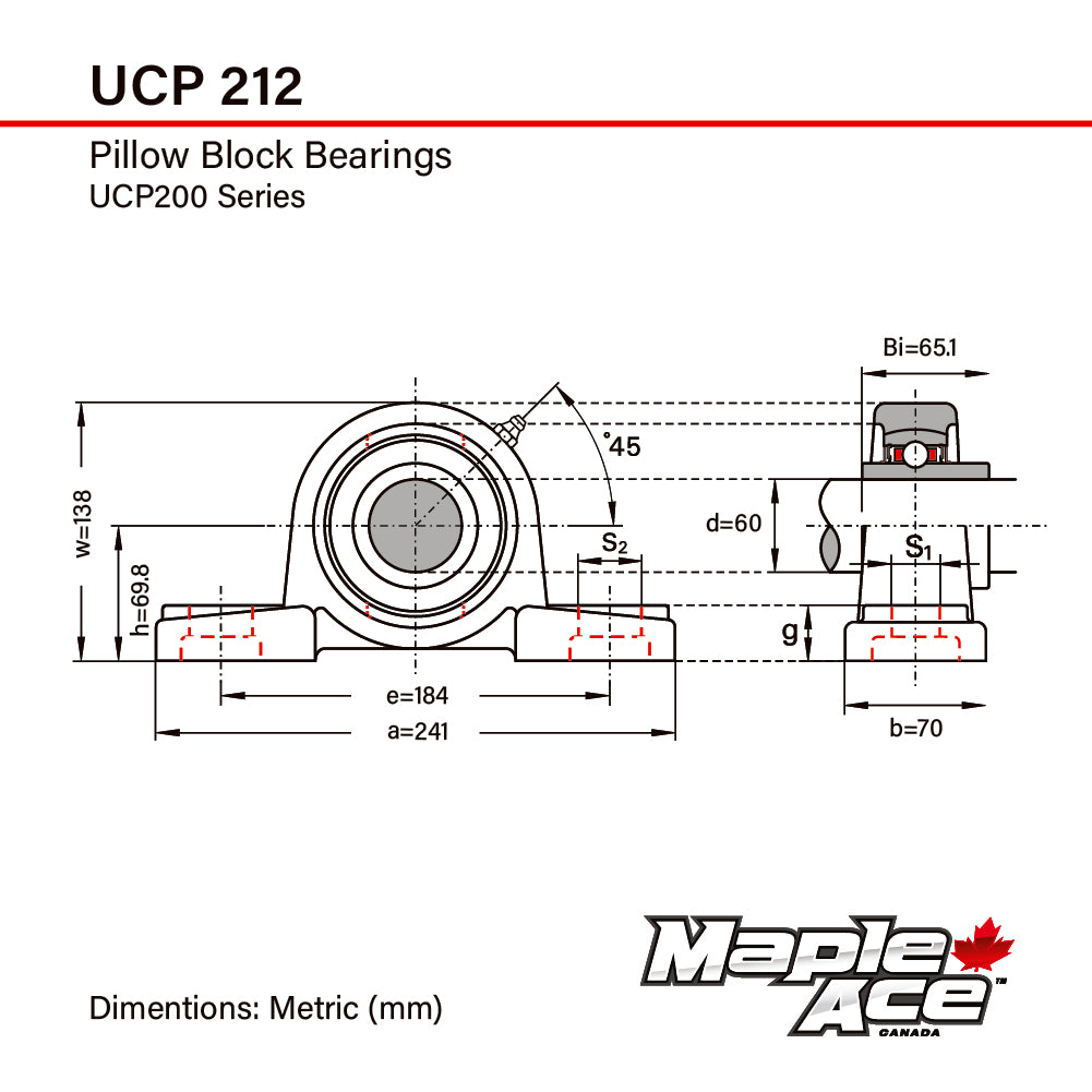 UCP212 Pillow Block Bearing 60mm Bore, 2-Bolt, Self-Aligning, 3 Lips Seal